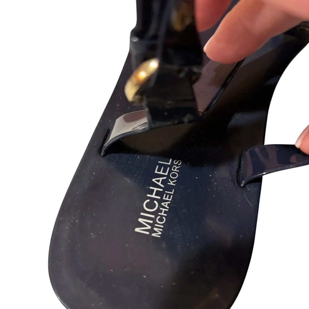 Michael Kors Navy Blue Jelly Sandals MK Logo Gold Medallion Slingback Flats 8M